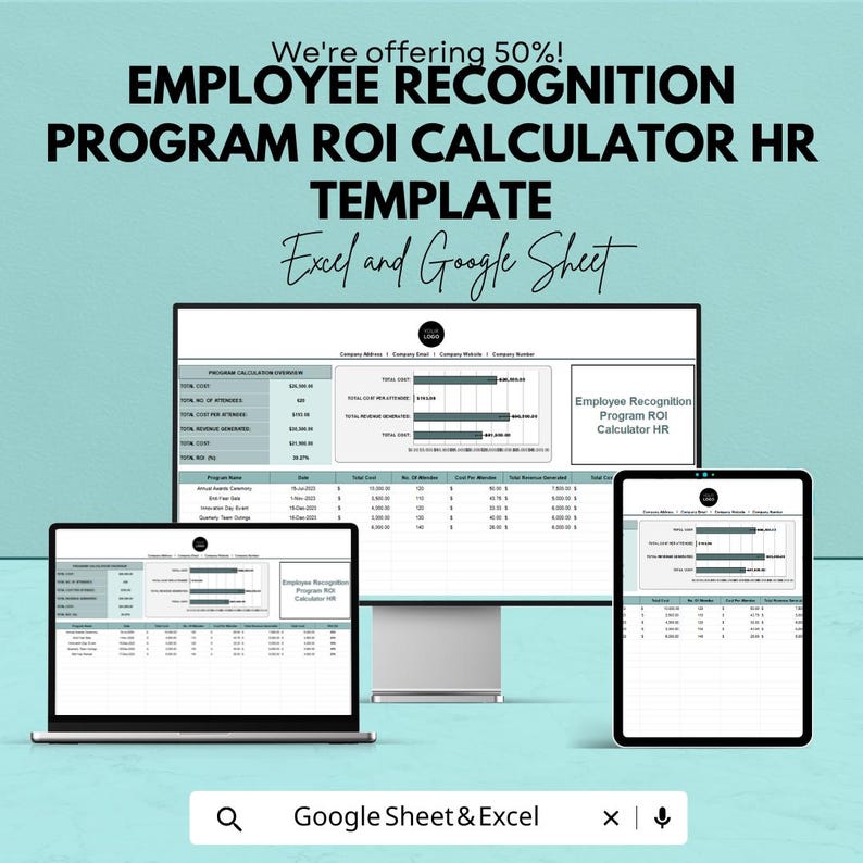 Może przedstawiać: Szablon kalkulatora ROI programu uznawania pracownik&oacute;w jest wyświetlany na monitorze komputera, laptopie i tablecie. Tekst na ekranie zawiera "Employee Recognition Program ROI Calculator HR" i "Excel and Google Sheet". Tło jest jasnoniebieskie.