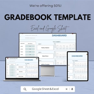 May include: A digital gradebook template displayed on a laptop, desktop monitor, and tablet. The dashboard shows student rankings and activity scores. The text reads "GRADEBOOK TEMPLATE" and "Excel and Google Sheet".