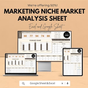May include: A digital marketing niche market analysis sheet displayed on a laptop, desktop monitor, and tablet. The sheet includes charts, data, and the text "MARKETING NICHE MARKET ANALYSIS SHEET." The image also includes the text "Excel and Google Sheet."