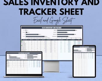 May include: An advertisement for a sales inventory and tracker sheet, displayed on a laptop, desktop monitor, and tablet. The text reads "SALES INVENTORY AND TRACKER SHEET Excel and Google Sheet". The background is a light blue color.