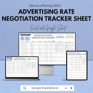 Peut inclure: Publicité pour une feuille de suivi de négociation des tarifs publicitaires, affichée sur un écran d'ordinateur, un ordinateur portable et une tablette. Le texte indique "Nous offrons 50 % !" et "Excel et Google Sheet". Le suivi affiche des données au format tableur.