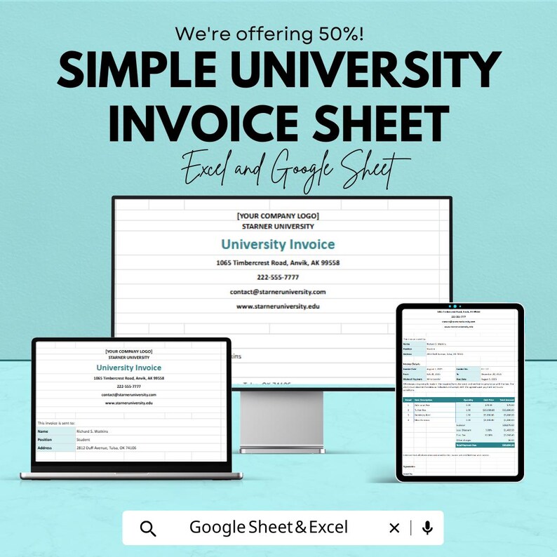 Simple University Invoice Template - Excel & Google Sheets - Easy-to ...