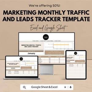 Könnte beinhalten: Eine digitale Marketingvorlage, die auf einem Laptop, einem Desktop-Monitor und einem Tablet angezeigt wird. Die Vorlage trägt den Titel "MARKETING MONTHLY TRAFFIC AND LEADS TRACKER TEMPLATE" und ist mit Excel und Google Sheets kompatibel. Das Wort "Januar" ist sichtbar.