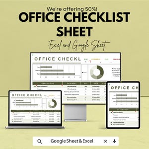 Könnte beinhalten: Werbung für eine Büro-Checklisten-Tabelle, kompatibel mit Excel und Google Sheets. Das Bild zeigt einen Laptop, einen Desktop-Monitor und ein Tablet, auf denen die Checkliste angezeigt wird. Der Text enthält "OFFICE CHECKLIST SHEET" und "We're offering 50%!"