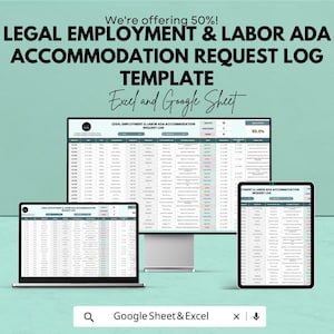 Puede incluir: Imagen de una plantilla de registro de solicitud de adaptación ADA para empleo y trabajo. La plantilla se muestra en un portátil, un monitor de escritorio y una tableta. El texto "We're offering 50%!" está en la parte superior.