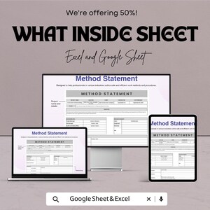 May include: A promotional image with the text "We're offering 50%!" and "WHAT INSIDE SHEET". The image showcases a computer, laptop, and tablet displaying a "Method Statement" template for Excel and Google Sheets. The search bar reads "Google Sheet & Excel".
