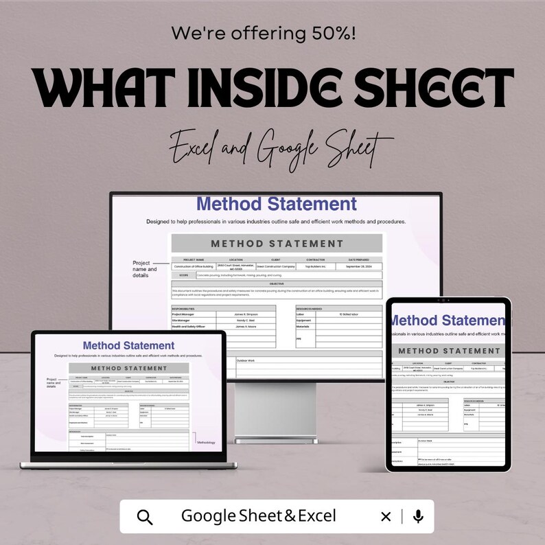 May include: A promotional image with the text "We're offering 50%!" and "WHAT INSIDE SHEET". The image showcases a computer, laptop, and tablet displaying a "Method Statement" template for Excel and Google Sheets. The search bar reads "Google Sheet & Excel".