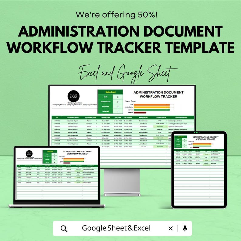 May include: An advertisement for an Administration Document Workflow Tracker Template. The image shows a laptop, desktop monitor, and tablet displaying the template. The text includes "We're offering 50%", "Excel and Google Sheet", and "Google Sheet & Excel".