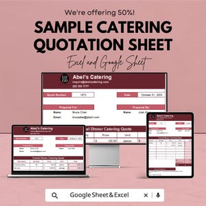 May include: A sample catering quotation sheet displayed on a laptop, tablet, and desktop computer. The sheet is maroon and white, with the text "Abel's Catering" and contact information. The sheet includes fields for quote number, date, and prepared for information.
