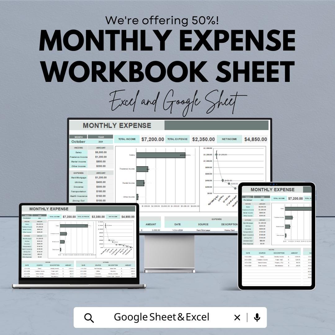 Monthly Expense Workbook Sheet – Excel & Google Sheets – Budget Planner for Tracking Expenses ...