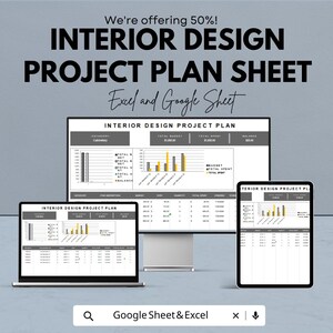 May include: An advertisement for an interior design project plan sheet, displayed on a laptop, desktop monitor, and tablet. The text includes "Interior Design Project Plan Sheet" and "Excel and Google Sheet". The image shows charts and data.