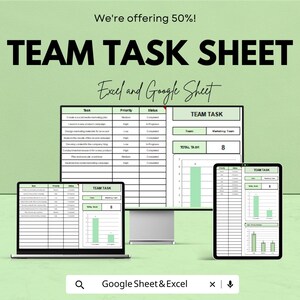 Könnte beinhalten: Eine digitale Marketinggrafik mit dem Text "TEAM TASK SHEET" und "Excel and Google Sheet". Das Bild zeigt einen Laptop, einen Desktop-Monitor und ein Tablet, die ein Aufgabenblatt mit Diagrammen und Daten anzeigen. Der Text "We're offering 50%!" steht oben.