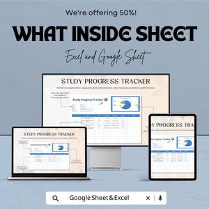 Peut inclure: Un suivi num&eacute;rique des progr&egrave;s scolaires affich&eacute; sur un ordinateur portable, un moniteur de bureau et une tablette. Le texte indique "WHAT INSIDE SHEET" et "STUDY PROGRESS TRACKER". L'image comprend &eacute;galement le texte "Excel and Google Sheet" et "Google Sheet & Excel".