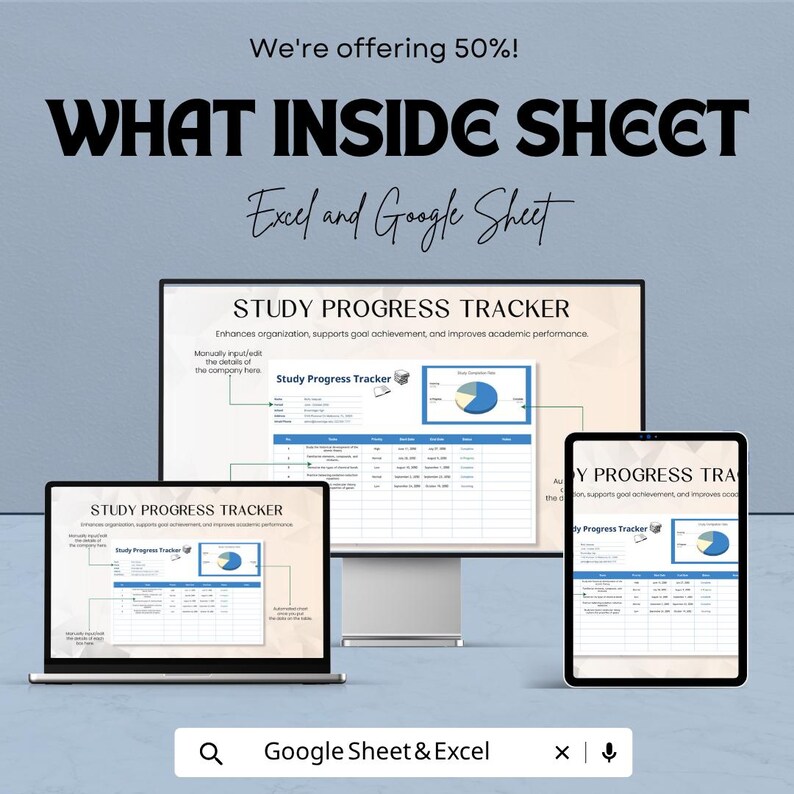 Peut inclure: Un suivi num&eacute;rique des progr&egrave;s scolaires affich&eacute; sur un ordinateur portable, un moniteur de bureau et une tablette. Le texte indique "WHAT INSIDE SHEET" et "STUDY PROGRESS TRACKER". L'image comprend &eacute;galement le texte "Excel and Google Sheet" et "Google Sheet & Excel".