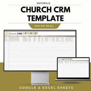 May include: A digital display of a Church CRM template on a desktop computer and a laptop. The text on the screen reads "Church CRM". The image also includes the text "60% OFF ON ALL" and "GOOGLE & EXCEL SHEETS".