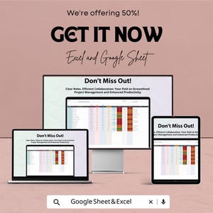 May include: An advertisement showing a laptop, desktop monitor, and tablet displaying a spreadsheet. The text includes "GET IT NOW" and "Don't Miss Out!" with the words "Excel and Google Sheet" and "Google Sheet & Excel" also visible.