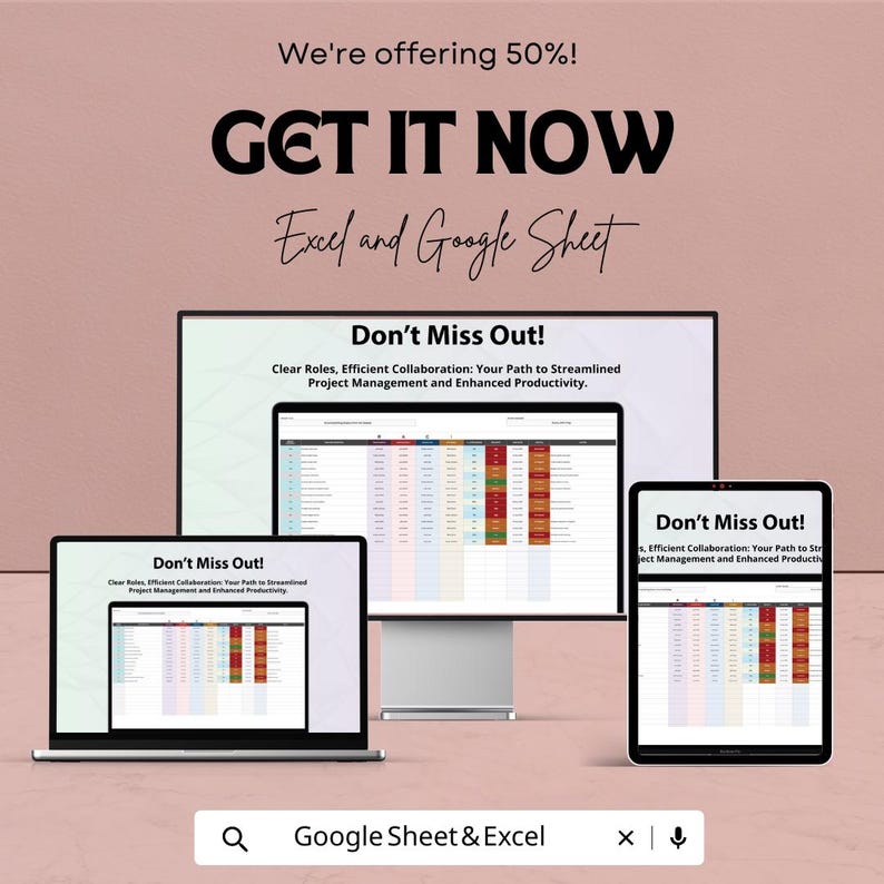 May include: An advertisement showing a laptop, desktop monitor, and tablet displaying a spreadsheet. The text includes "GET IT NOW" and "Don't Miss Out!" with the words "Excel and Google Sheet" and "Google Sheet & Excel" also visible.