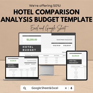May include: A digital display of a hotel budget template on a computer monitor, laptop, and tablet. The text reads "HOTEL COMPARISON ANALYSIS BUDGET TEMPLATE" and "Excel and Google Sheet". The template shows expense categories, budget, actual, and difference columns.