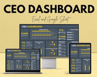 May include: Image of a CEO dashboard displayed on a computer monitor, laptop, and tablet. The dashboard shows financial data, including quarterly revenue, employee turnover rate, and market share percentages. The text "CEO DASHBOARD" and "Excel and Google Sheet" are also visible.