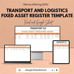 Könnte beinhalten: Werbebild für eine Vorlage für ein Anlagevermögensregister für Transport und Logistik. Das Bild zeigt einen Laptop, einen Desktop-Monitor und ein Tablet, die die Vorlage anzeigen. Text enthält "TRANSPORT AND LOGISTICS FIXED ASSET REGISTER TEMPLATE".