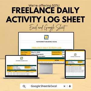 Peut inclure: Publicité pour une feuille de suivi d'activité quotidienne pour pigistes, disponible aux formats Excel et Google Sheet. L'image montre un ordinateur portable, un ordinateur de bureau et une tablette affichant la feuille de suivi. Le texte comprend "We're offering 50%!" et "FEATHERINK PUBLISHING HOUSE."