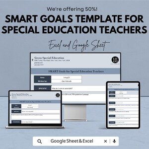 Puede incluir: Una plantilla digital para Objetivos SMART para profesores de educación especial, mostrada en un portátil, un monitor de escritorio y una tableta. La plantilla está diseñada para su uso con Excel y Google Sheets. Incluye el texto "We're offering 50%!"