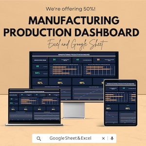 May include: An advertisement for a manufacturing production dashboard, displayed on a computer monitor, laptop, and tablet. The dashboard shows data visualizations with percentages and numbers. The text includes "Manufacturing Production Dashboard" and "Excel and Google Sheet."