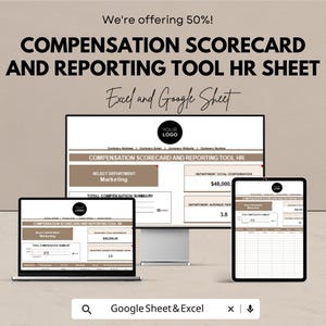 May include: An image showcasing a compensation scorecard and reporting tool HR sheet, displayed on a computer monitor, laptop, and tablet. The text includes "Compensation Scorecard and Reporting Tool HR Sheet" and "Excel and Google Sheet."