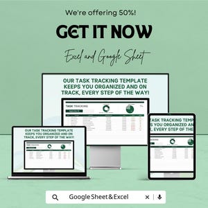 K&ouml;nnte beinhalten: Werbung f&uuml;r eine Excel- und Google Sheet-Aufgabenverfolgungs-Vorlage. Das Bild zeigt einen Laptop, einen Desktop-Monitor und ein Tablet, auf denen die Vorlage angezeigt wird. Der Text enth&auml;lt "GET IT NOW" und "Unsere Aufgabenverfolgungs-Vorlage h&auml;lt Sie organisiert und auf dem Laufenden, Schritt f&uuml;r Schritt!"