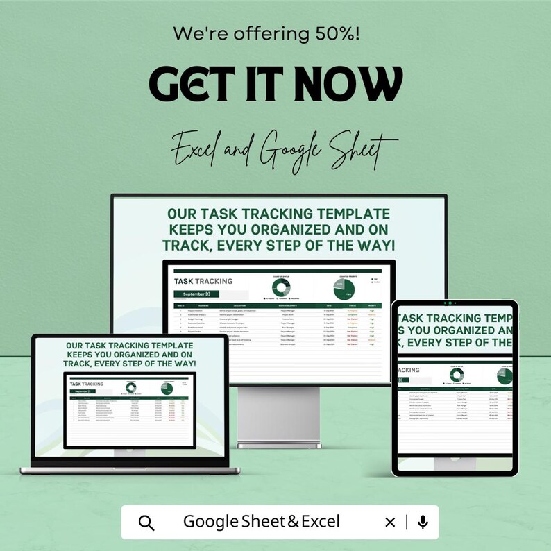 K&ouml;nnte beinhalten: Werbung f&uuml;r eine Excel- und Google Sheet-Aufgabenverfolgungs-Vorlage. Das Bild zeigt einen Laptop, einen Desktop-Monitor und ein Tablet, auf denen die Vorlage angezeigt wird. Der Text enth&auml;lt "GET IT NOW" und "Unsere Aufgabenverfolgungs-Vorlage h&auml;lt Sie organisiert und auf dem Laufenden, Schritt f&uuml;r Schritt!"