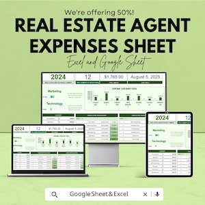 May include: An advertisement for a real estate agent expenses sheet, compatible with Excel and Google Sheets. The image shows the sheet displayed on a laptop, a desktop monitor, and a tablet. The text "We're offering 50%!" is at the top.