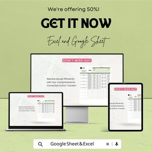 May include: An advertisement for Excel and Google Sheet software, featuring a laptop, desktop monitor, and tablet displaying spreadsheets. The text reads "GET IT NOW" and "DON'T MISS OUT". The background is a light green color.