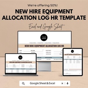 May include: A digital template for new hire equipment allocation, displayed on a laptop, desktop monitor, and tablet. The template includes fields for employee information, equipment details, and allocation dates. The text reads "NEW HIRE EQUIPMENT ALLOCATION LOG HR TEMPLATE".