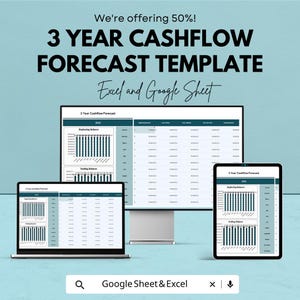 May include: A digital marketing image showcasing a 3-year cash flow forecast template. The image displays the template on a desktop computer, laptop, and tablet. The text reads "We're offering 50%! 3 YEAR CASHFLOW FORECAST TEMPLATE Excel and Google Sheet."