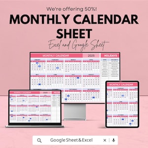 Monthly Calendar Sheet | Excel & Google Sheets | Yearly Planner Template | Customizable Calendar for Planning | 2023-2025 Schedule Organizer