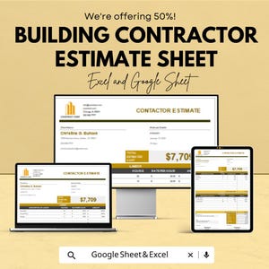 Könnte beinhalten: Werbung für ein Baukostenanschlagblatt, angezeigt auf einem Laptop, einem Desktop-Monitor und einem Tablet. Der Text enthält "We're offering 50%!" und "Excel and Google Sheet."