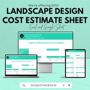 Könnte beinhalten: Werbung für ein Landschaftsdesign-Kostenvoranschlag, angezeigt auf einem Laptop, Desktop-Monitor und Tablet. Der Text lautet "LANDSCAPE DESIGN COST ESTIMATE SHEET" und "Excel and Google Sheet". Der Hintergrund ist helltürkis.