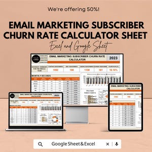 Könnte beinhalten: Werbung für eine Kalkulationstabelle zur Abwanderungsrate von E-Mail-Marketing-Abonnenten. Der Text lautet "Wir bieten 50 %!" und "Excel und Google Sheet". Der Rechner wird auf einem Laptop, einem Desktop-Monitor und einem Tablet angezeigt.