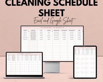 May include: A digital cleaning schedule sheet displayed on a laptop, desktop monitor, and tablet. The text "CLEANING SCHEDULE SHEET Excel and Google Sheet" is visible. The background is a light pink color.