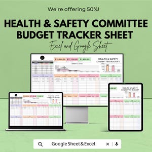 Op de afbeelding: Een digitale weergave van een Health & Safety Committee Budget Tracker Sheet, beschikbaar in Excel- en Google Sheet-formaten. De afbeelding toont de tracker op een laptop, desktopmonitor en tablet, met de tekst "We're offering 50%!"