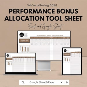 Puede incluir: Imagen promocional que muestra una hoja de herramientas de asignación de bonificación por desempeño. El texto incluye "¡Ofrecemos un 50 %!" y "Excel y Google Sheet". La herramienta se muestra en un monitor de computadora, una computadora portátil y una tableta, con el nombre "Angela Han".