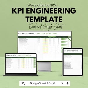 Puede incluir: Anuncio de una plantilla de ingeniería KPI, que se muestra en un portátil, un monitor de escritorio y una tableta. El texto dice: "¡Ofrecemos un 50%! PLANTILLA DE INGENIERÍA KPI Excel y Google Sheet."