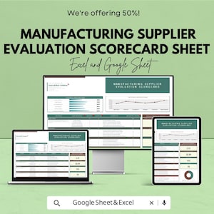 Könnte beinhalten: Ein digitales Marketingbild, das ein "HERSTELLER-LIEFERANTEN-BEWERTUNGS-SCORECARD-BLATT" auf einem Computermonitor, Laptop und Tablet zeigt. Der Text "Excel und Google Sheet" ist ebenfalls sichtbar. Das Bild hat einen grünen Hintergrund und den Text "Wir bieten 50 %!"