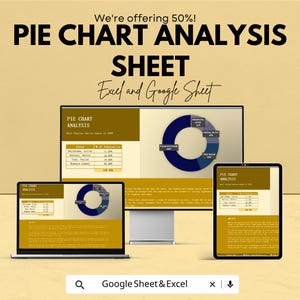 Può includere: Una pubblicità per un foglio di analisi dei grafici a torta, visualizzato su un laptop, un monitor desktop e un tablet. Il testo recita: "Offriamo il 50%! FOGLIO DI ANALISI DEI GRAFICI A TORTA Excel e Google Sheet."