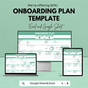 Può includere: Un modello di piano di onboarding visualizzato su un laptop, un monitor desktop e un tablet. Il testo recita "ONBOARDING PLAN TEMPLATE" e "Excel and Google Sheet". Lo sfondo è di colore verde chiaro.