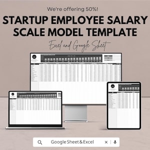 Op de afbeelding: Een digitaal salarisschaalmodel voor startup-medewerkers voor Excel en Google Sheets, weergegeven op een desktopmonitor, een laptop en een tablet. Het scherm toont een gedetailleerd compensatieoverzicht met rijen en kolommen.