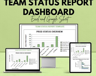 Può includere: Immagine promozionale per una dashboard del rapporto sullo stato del team, visualizzata su un monitor di computer, un laptop e un tablet. La dashboard mostra un grafico a barre con il titolo "Prod Status Overview". È visibile anche il testo "Excel and Google Sheet".
