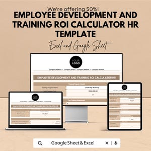 Könnte beinhalten: Eine digitale Vorlage für den HR-Rechner für die Kapitalrendite (ROI) von Mitarbeiterentwicklung und -schulung, angezeigt auf einem Laptop, Desktop-Monitor und Tablet. Der Text enthält "Excel und Google Sheet".