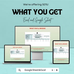 Może przedstawiać: Reklama z laptopem, tabletem i monitorem wyświetlającymi arkusz kalkulacyjny. Tekst brzmi &bdquo;WHAT YOU GET&rdquo; i &bdquo;Excel and Google Sheet&rdquo;. Widoczna jest r&oacute;wnież fraza &bdquo;WHAT YOU'LL RECEIVE&rdquo;. Reklama oferuje 50% zniżki.