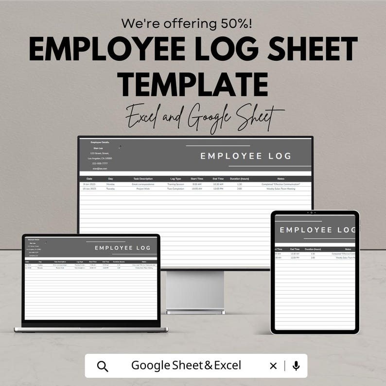 Employee Log Sheet Template Excel, Work Hours Tracker, Staff Daily Log ...